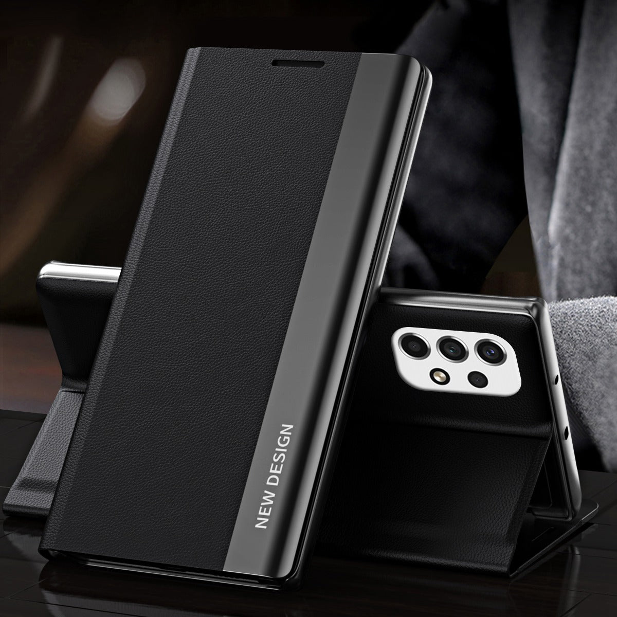 For Samsung Galaxy A23 4G (165.4 x 76.9 x 8.4mm) Anti-fall Stand Design Electroplating PU Leather Protective Cover Magnetic Absorption Phone Case