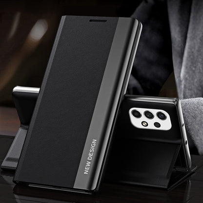 For Samsung Galaxy A23 4G (165.4 x 76.9 x 8.4mm) Anti-fall Stand Design Electroplating PU Leather Protective Cover Magnetic Absorption Phone Case