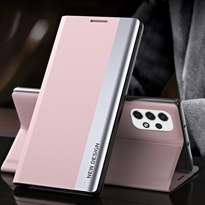 For Samsung Galaxy A23 4G (165.4 x 76.9 x 8.4mm) Anti-fall Stand Design Electroplating PU Leather Protective Cover Magnetic Absorption Phone Case