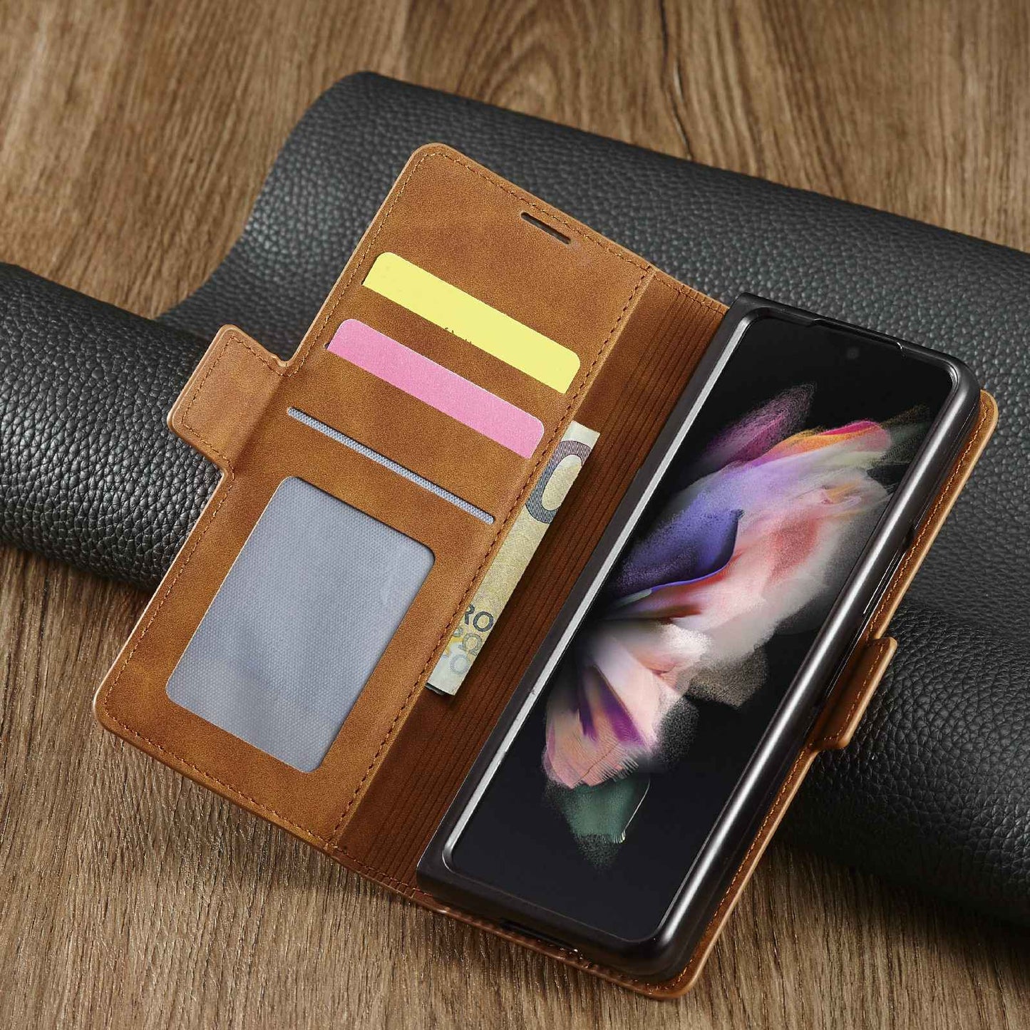 FORWENW for Samsung Galaxy Z Fold3 5G Fantasy Series Skin-touch PU Leather Well-protected Cover Anti-drop Cell Phone Stand Wallet Case