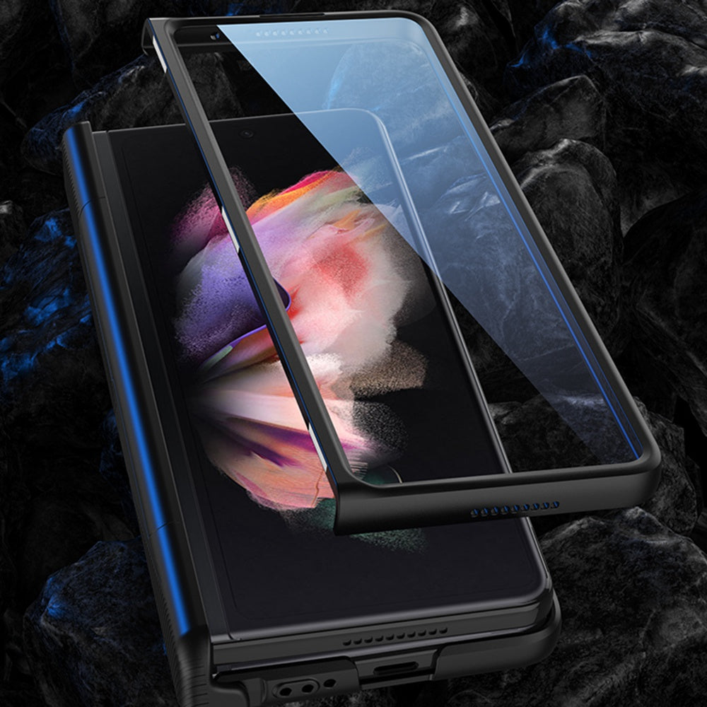 GKK for Samsung Galaxy Z Fold3 5G Magnetic Folding Full Protection PC+Tempered Glass Phone Case with Kickstand