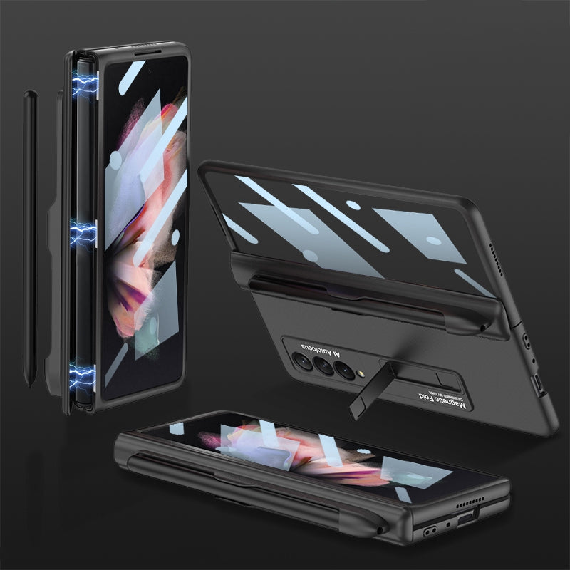 GKK For Samsung Galaxy Z Fold3 5G Hard PC + Tempered Glass Full Coverage Phone Case Kickstand Folding Cover with Pen Slot