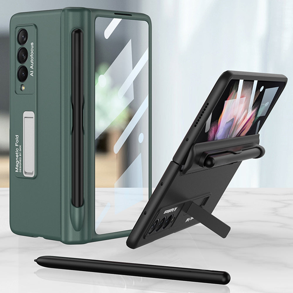 GKK For Samsung Galaxy Z Fold3 5G Hard PC + Tempered Glass Full Coverage Phone Case Kickstand Folding Cover with Pen Slot