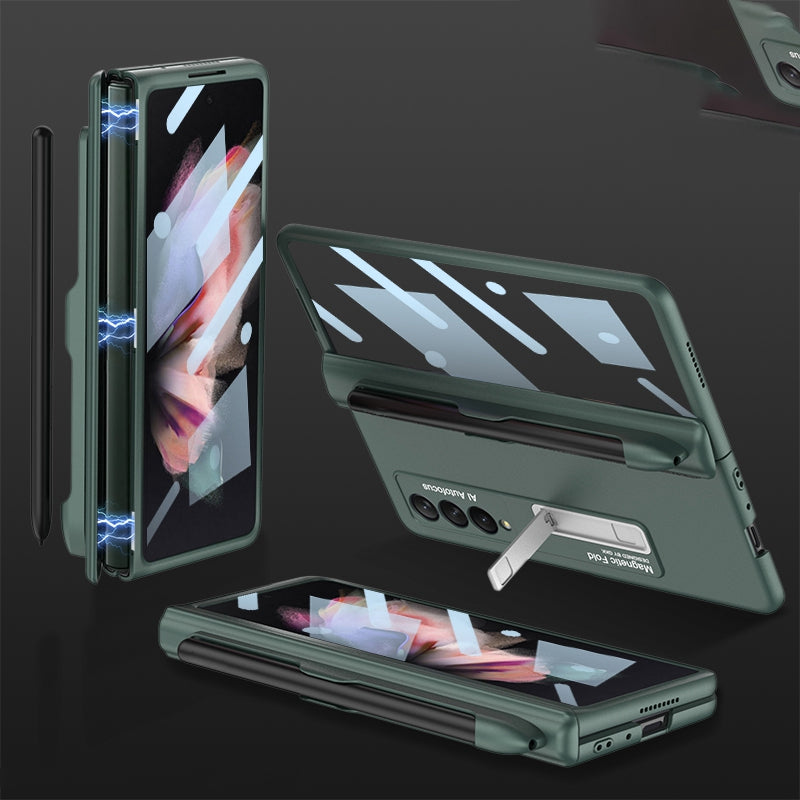 GKK For Samsung Galaxy Z Fold3 5G Hard PC + Tempered Glass Full Coverage Phone Case Kickstand Folding Cover with Pen Slot