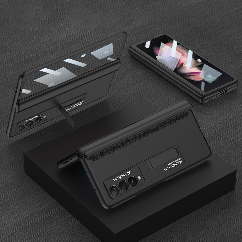 GKK For Samsung Galaxy Z Fold3 5G Magnetic Absorption Hinge Phone Case PC + Tempered Glass Full Protection Shell with Kickstand