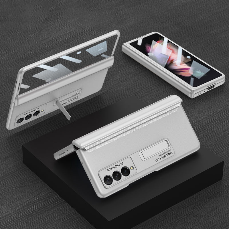 GKK For Samsung Galaxy Z Fold3 5G Magnetic Absorption Hinge Phone Case PC + Tempered Glass Full Protection Shell with Kickstand