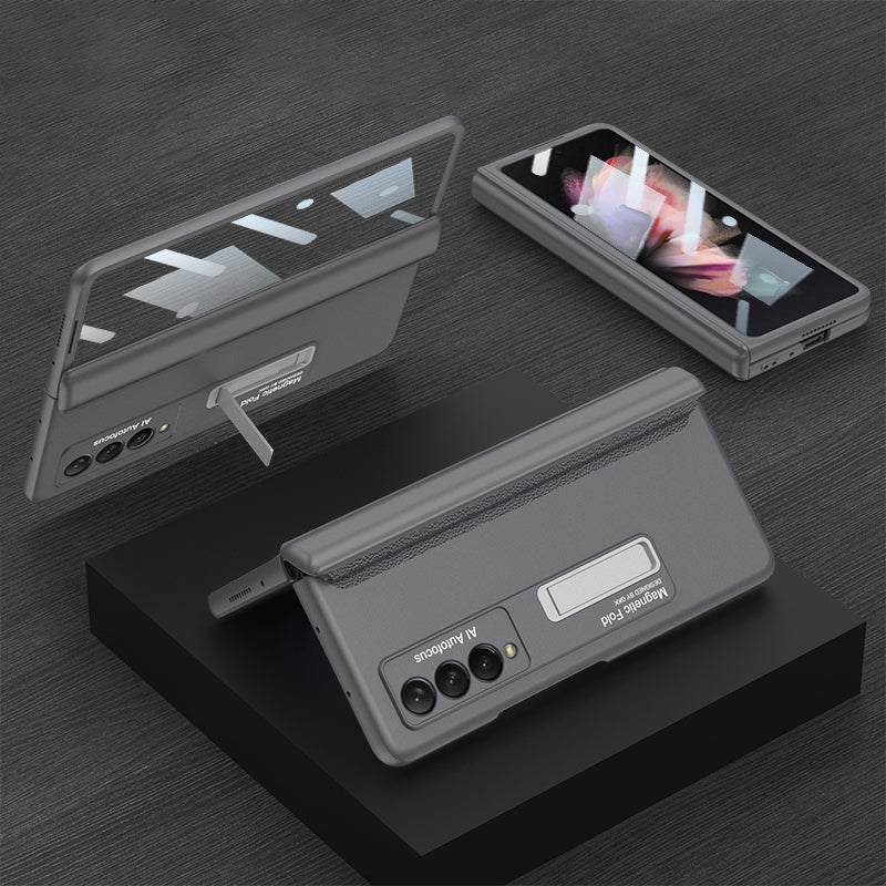 GKK For Samsung Galaxy Z Fold3 5G Magnetic Absorption Hinge Phone Case PC + Tempered Glass Full Protection Shell with Kickstand