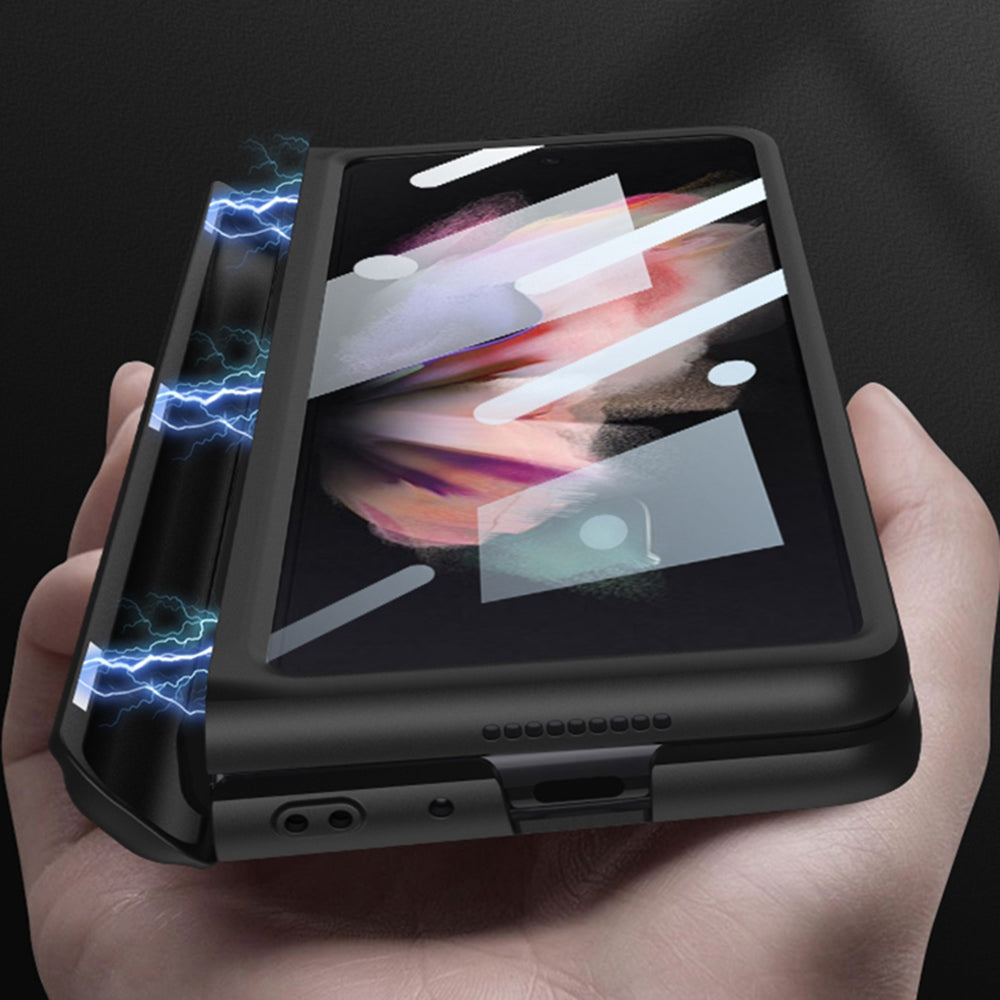 GKK For Samsung Galaxy Z Fold3 5G Magnetic Absorption Hinge Phone Case PC + Tempered Glass Full Protection Shell with Kickstand