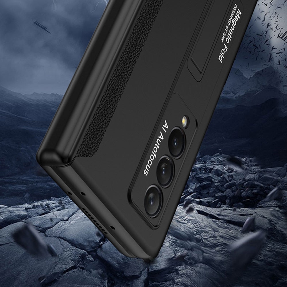 GKK For Samsung Galaxy Z Fold3 5G Magnetic Absorption Hinge Phone Case PC + Tempered Glass Full Protection Shell with Kickstand