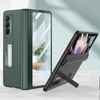 GKK For Samsung Galaxy Z Fold3 5G Magnetic Absorption Hinge Phone Case PC + Tempered Glass Full Protection Shell with Kickstand