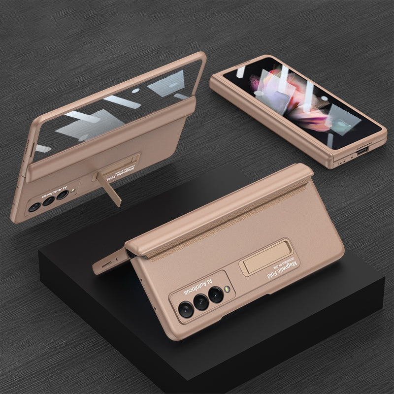 GKK For Samsung Galaxy Z Fold3 5G Magnetic Absorption Hinge Phone Case PC + Tempered Glass Full Protection Shell with Kickstand