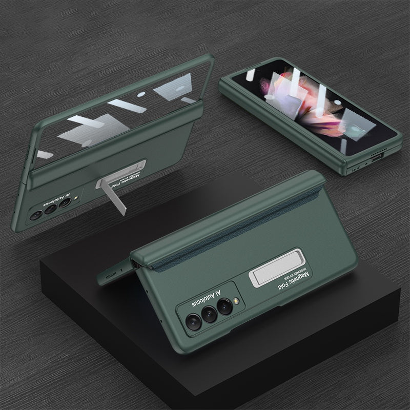 GKK For Samsung Galaxy Z Fold3 5G Magnetic Absorption Hinge Phone Case PC + Tempered Glass Full Protection Shell with Kickstand