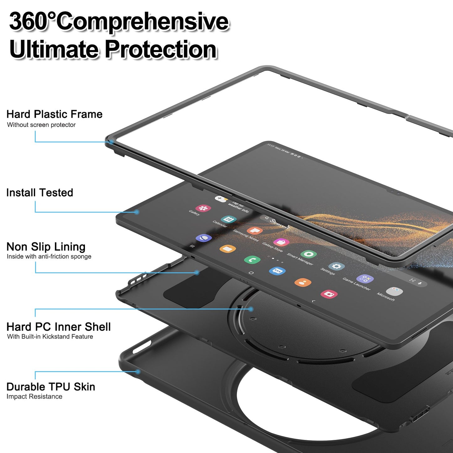 For Samsung Galaxy Tab S8 Ultra 14.6 X900/X906 Rotary Kickstand PC + TPU Tablet Case Cover with Pen Slot