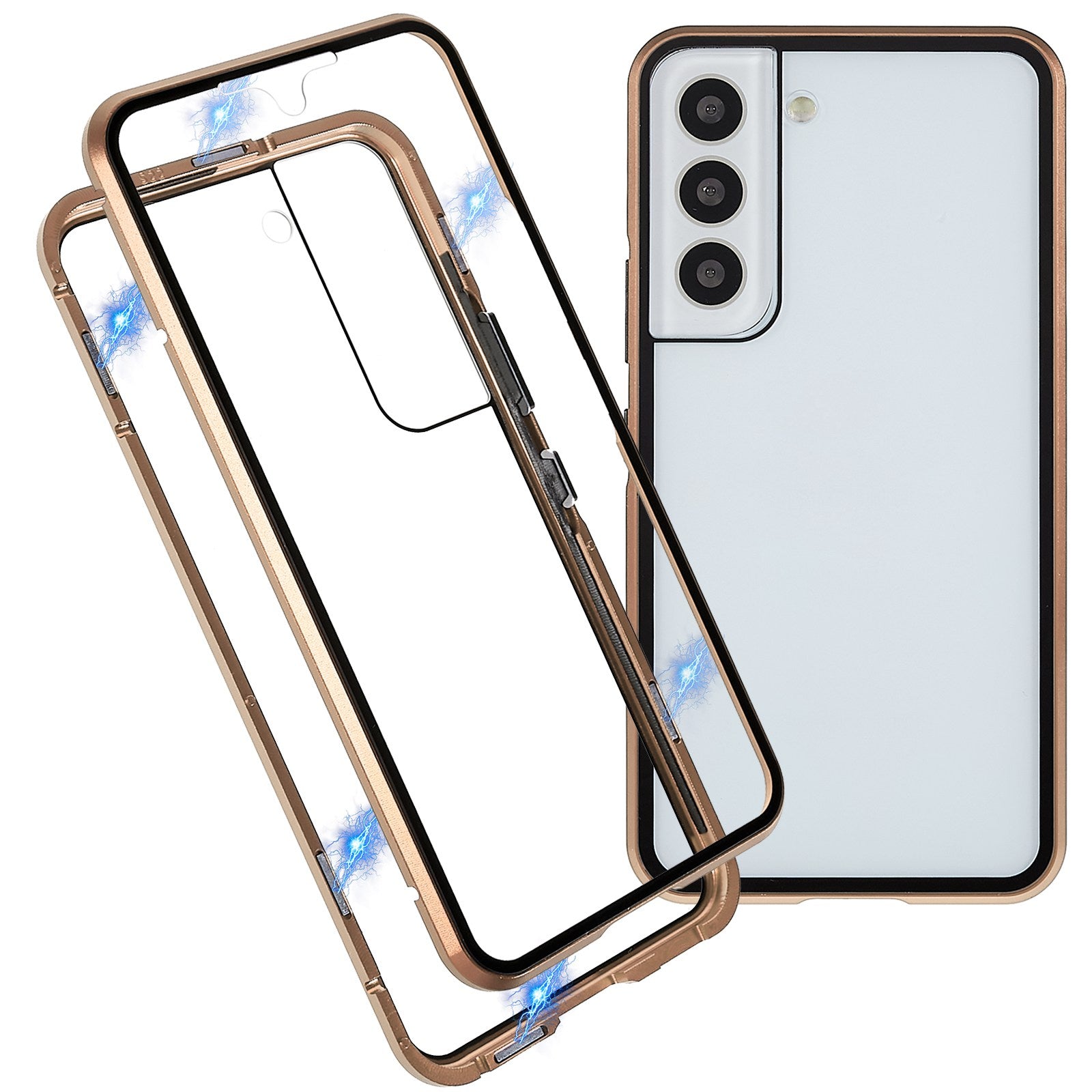 For Samsung Galaxy S22 5G 360 Degree Full Protection Phone Case Metal Bumper + Double-sided Tempered Glass Anti-fall Shell with Magnetic Closure