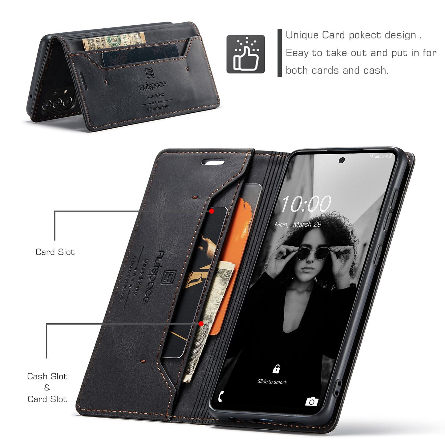 AUTSPACE A01 Series for Samsung Galaxy A52 4G/5G/A52s 5G Retro Matte PU Leather Wallet Flip Stand Cover with RFID Blocking Magnetic Closure Shell