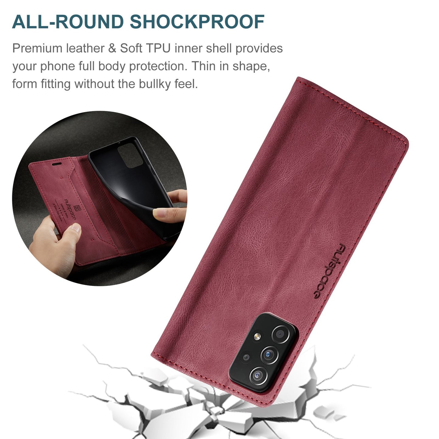 AUTSPACE A01 Series for Samsung Galaxy A52 4G/5G/A52s 5G Retro Matte PU Leather Wallet Flip Stand Cover with RFID Blocking Magnetic Closure Shell