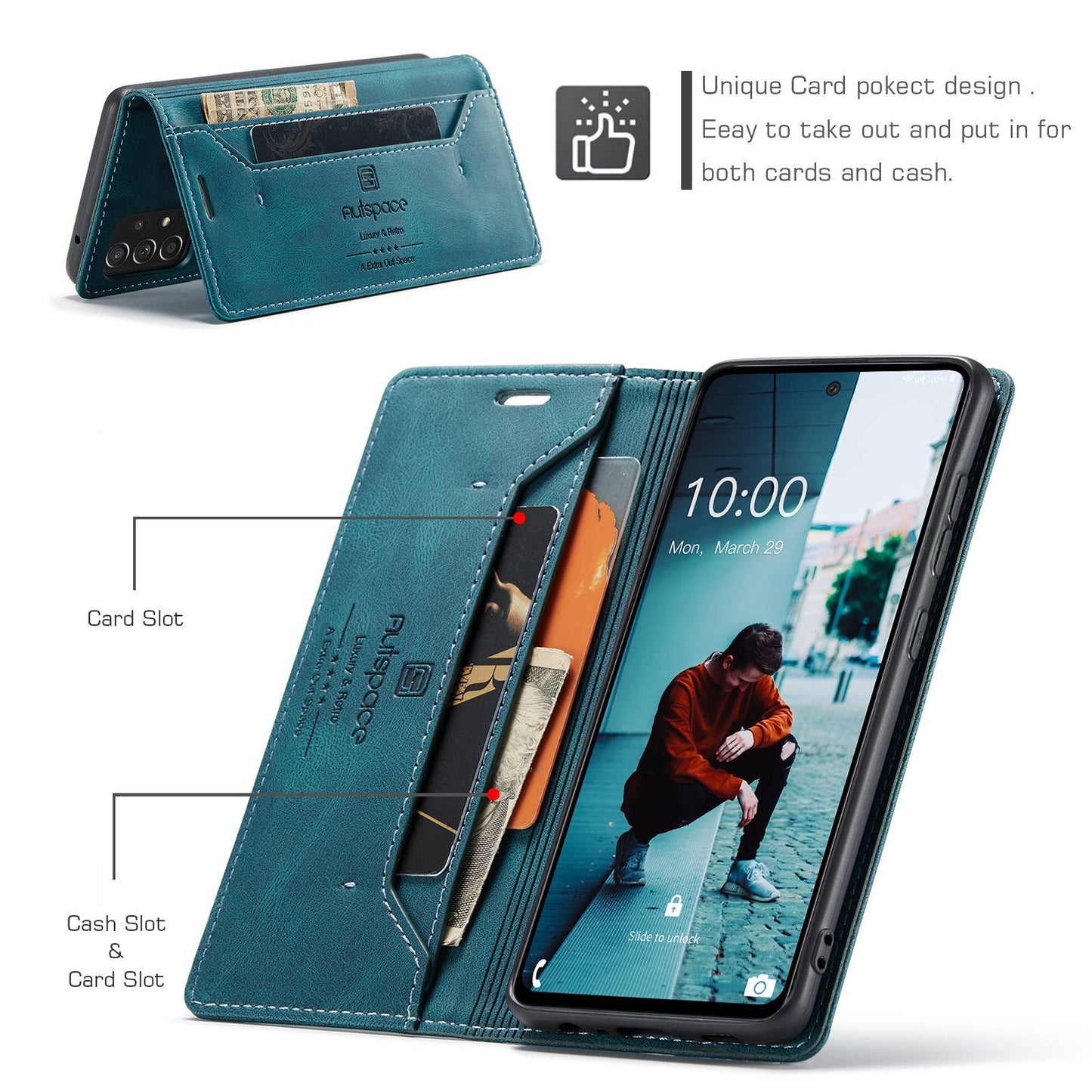 AUTSPACE A01 Series for Samsung Galaxy A52 4G/5G/A52s 5G Retro Matte PU Leather Wallet Flip Stand Cover with RFID Blocking Magnetic Closure Shell