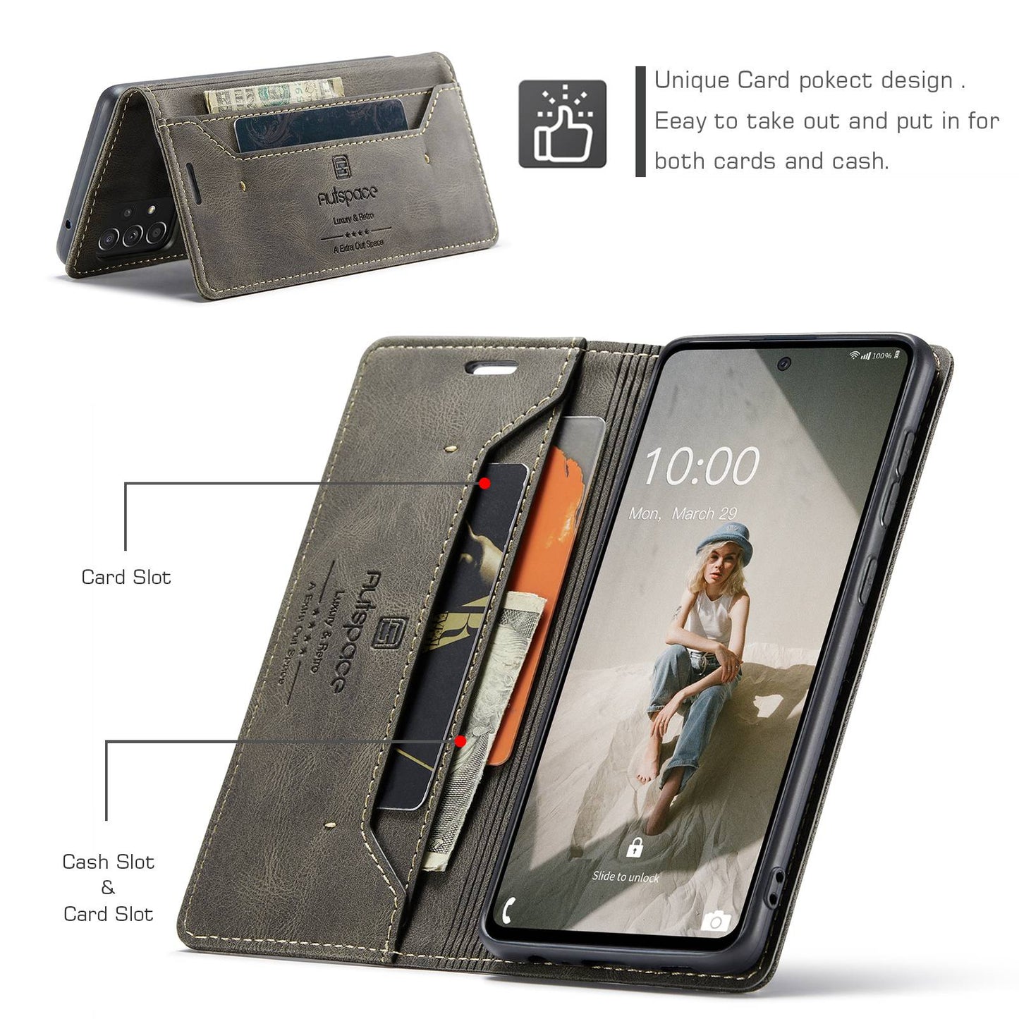 AUTSPACE A01 Series for Samsung Galaxy A52 4G/5G/A52s 5G Retro Matte PU Leather Wallet Flip Stand Cover with RFID Blocking Magnetic Closure Shell