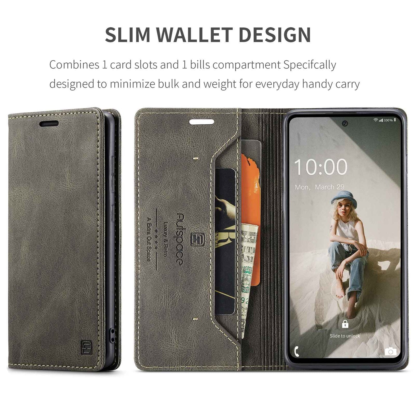AUTSPACE A01 Series for Samsung Galaxy A52 4G/5G/A52s 5G Retro Matte PU Leather Wallet Flip Stand Cover with RFID Blocking Magnetic Closure Shell