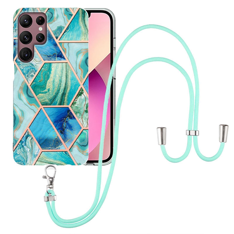 YB IMD Series-5 Slim Lightweight TPU Phone Cover for Samsung Galaxy S22 Ultra 5G, Shock Absorbent IMD IML Marble Pattern Electroplating Flexible Phone Case with Adjustable Lanyard