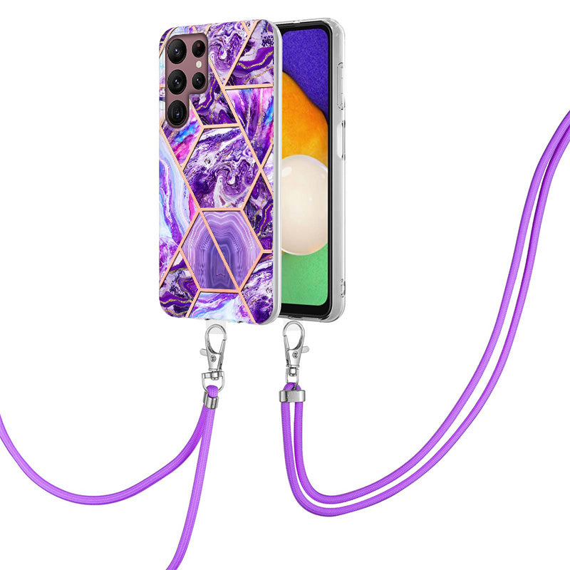 YB IMD Series-5 Slim Lightweight TPU Phone Cover for Samsung Galaxy S22 Ultra 5G, Shock Absorbent IMD IML Marble Pattern Electroplating Flexible Phone Case with Adjustable Lanyard