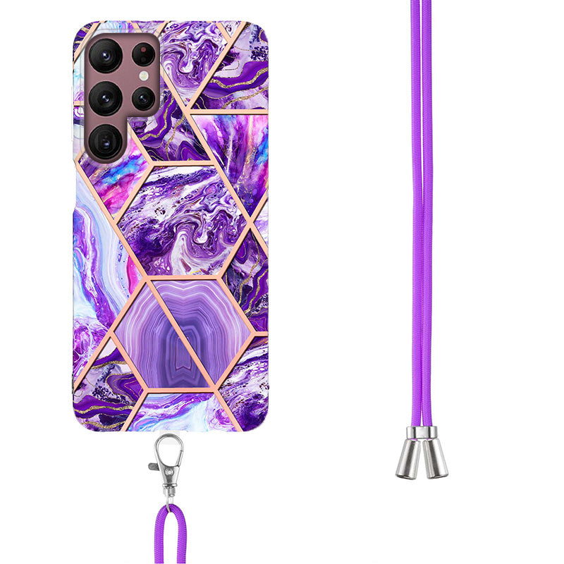 YB IMD Series-5 Slim Lightweight TPU Phone Cover for Samsung Galaxy S22 Ultra 5G, Shock Absorbent IMD IML Marble Pattern Electroplating Flexible Phone Case with Adjustable Lanyard