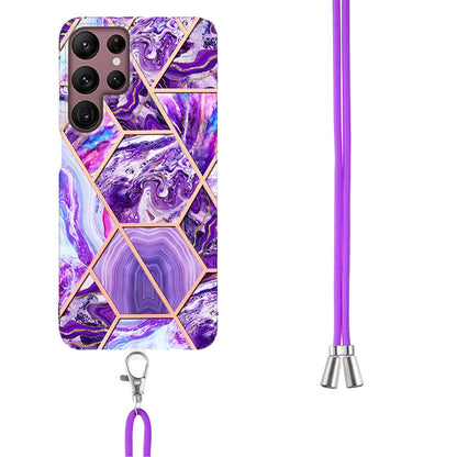 YB IMD Series-5 Slim Lightweight TPU Phone Cover for Samsung Galaxy S22 Ultra 5G, Shock Absorbent IMD IML Marble Pattern Electroplating Flexible Phone Case with Adjustable Lanyard