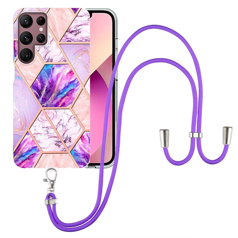 YB IMD Series-5 Slim Lightweight TPU Phone Cover for Samsung Galaxy S22 Ultra 5G, Shock Absorbent IMD IML Marble Pattern Electroplating Flexible Phone Case with Adjustable Lanyard