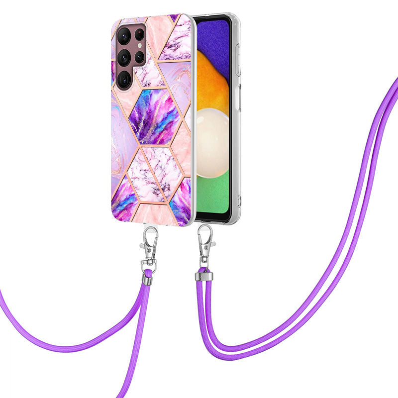YB IMD Series-5 Slim Lightweight TPU Phone Cover for Samsung Galaxy S22 Ultra 5G, Shock Absorbent IMD IML Marble Pattern Electroplating Flexible Phone Case with Adjustable Lanyard