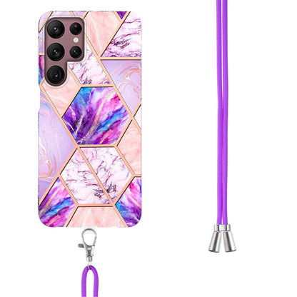 YB IMD Series-5 Slim Lightweight TPU Phone Cover for Samsung Galaxy S22 Ultra 5G, Shock Absorbent IMD IML Marble Pattern Electroplating Flexible Phone Case with Adjustable Lanyard