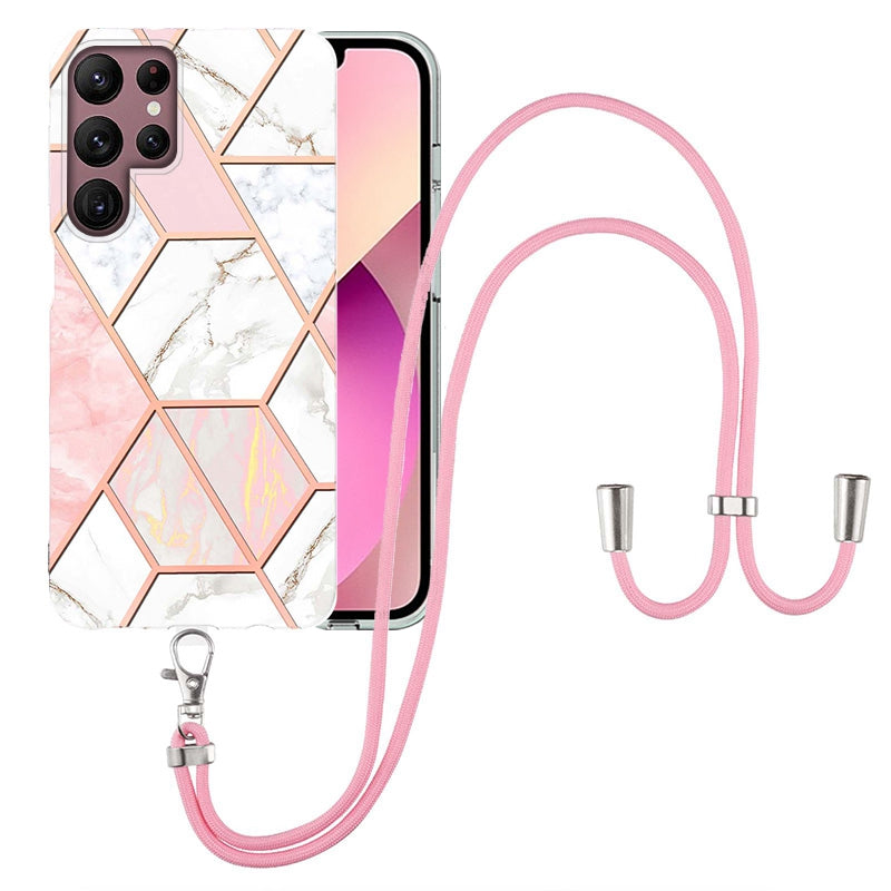 YB IMD Series-5 Slim Lightweight TPU Phone Cover for Samsung Galaxy S22 Ultra 5G, Shock Absorbent IMD IML Marble Pattern Electroplating Flexible Phone Case with Adjustable Lanyard