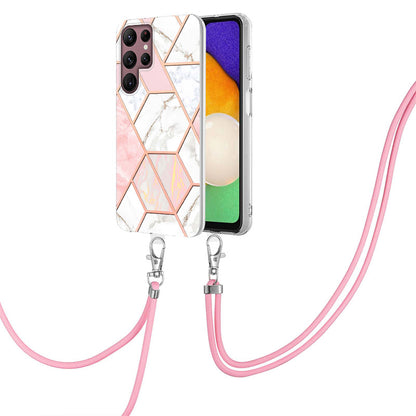 YB IMD Series-5 Slim Lightweight TPU Phone Cover for Samsung Galaxy S22 Ultra 5G, Shock Absorbent IMD IML Marble Pattern Electroplating Flexible Phone Case with Adjustable Lanyard