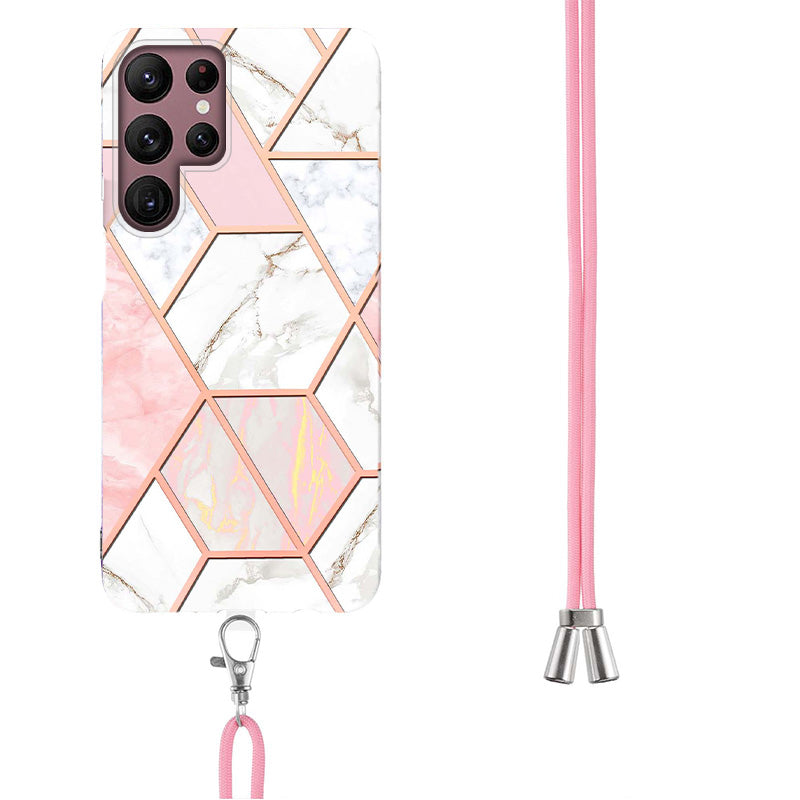 YB IMD Series-5 Slim Lightweight TPU Phone Cover for Samsung Galaxy S22 Ultra 5G, Shock Absorbent IMD IML Marble Pattern Electroplating Flexible Phone Case with Adjustable Lanyard