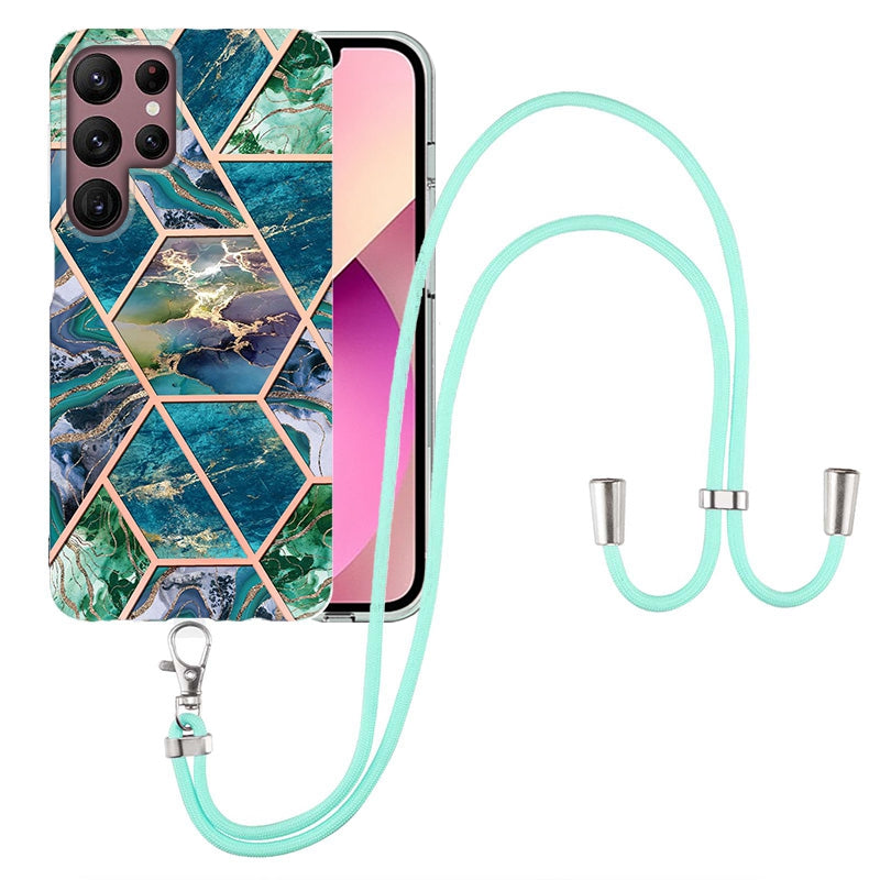YB IMD Series-5 Slim Lightweight TPU Phone Cover for Samsung Galaxy S22 Ultra 5G, Shock Absorbent IMD IML Marble Pattern Electroplating Flexible Phone Case with Adjustable Lanyard