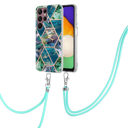 YB IMD Series-5 Slim Lightweight TPU Phone Cover for Samsung Galaxy S22 Ultra 5G, Shock Absorbent IMD IML Marble Pattern Electroplating Flexible Phone Case with Adjustable Lanyard