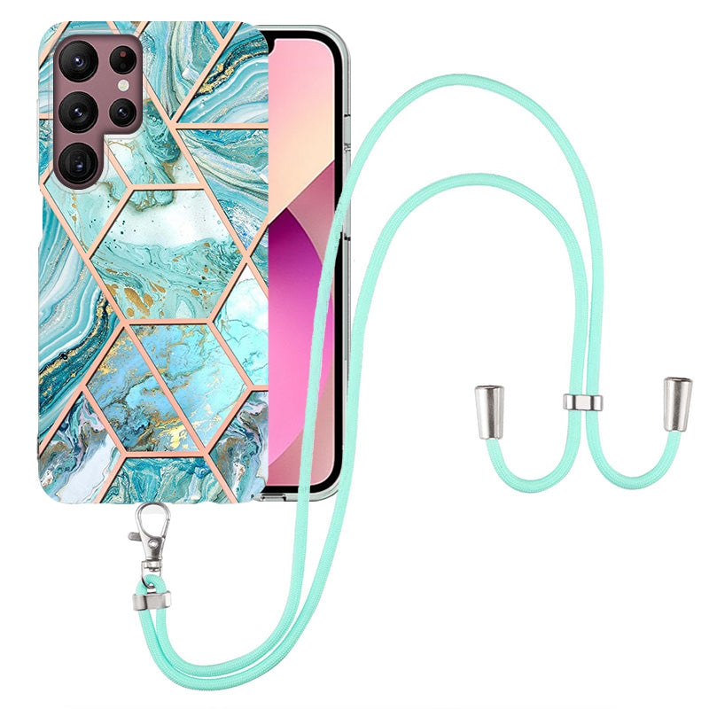 YB IMD Series-5 Slim Lightweight TPU Phone Cover for Samsung Galaxy S22 Ultra 5G, Shock Absorbent IMD IML Marble Pattern Electroplating Flexible Phone Case with Adjustable Lanyard