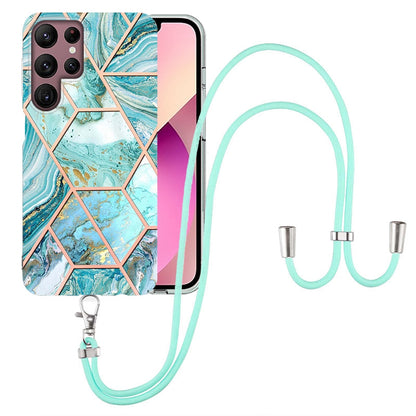 YB IMD Series-5 Slim Lightweight TPU Phone Cover for Samsung Galaxy S22 Ultra 5G, Shock Absorbent IMD IML Marble Pattern Electroplating Flexible Phone Case with Adjustable Lanyard