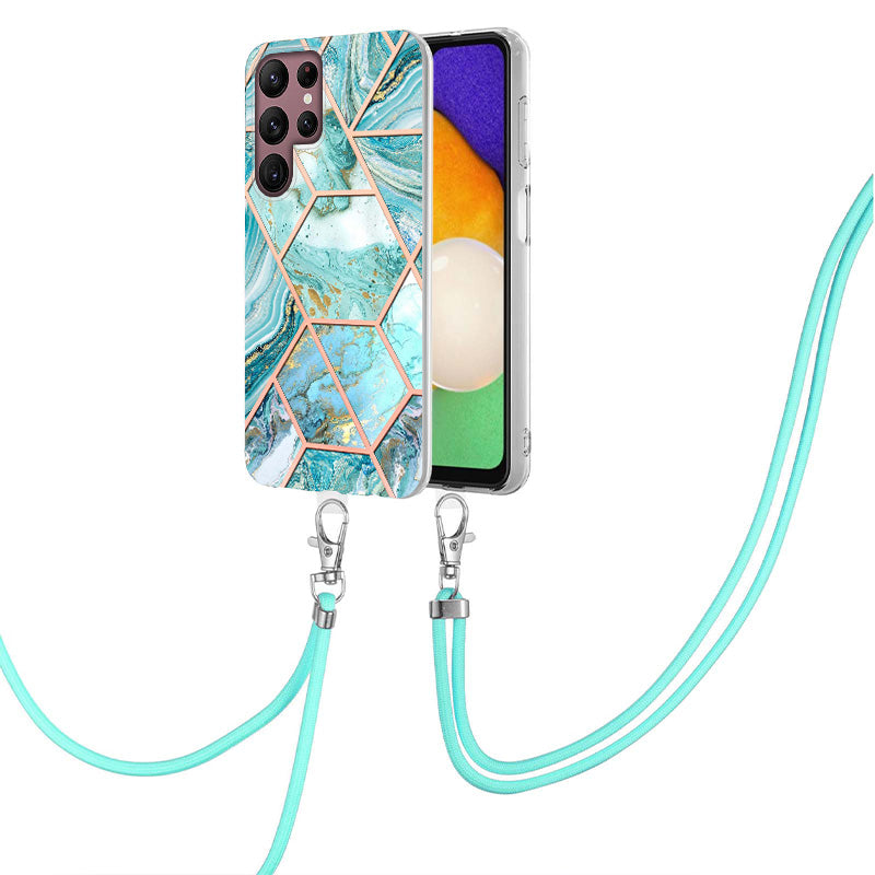 YB IMD Series-5 Slim Lightweight TPU Phone Cover for Samsung Galaxy S22 Ultra 5G, Shock Absorbent IMD IML Marble Pattern Electroplating Flexible Phone Case with Adjustable Lanyard