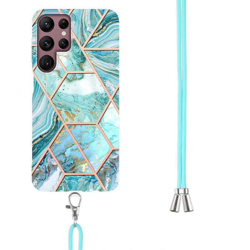 YB IMD Series-5 Slim Lightweight TPU Phone Cover for Samsung Galaxy S22 Ultra 5G, Shock Absorbent IMD IML Marble Pattern Electroplating Flexible Phone Case with Adjustable Lanyard