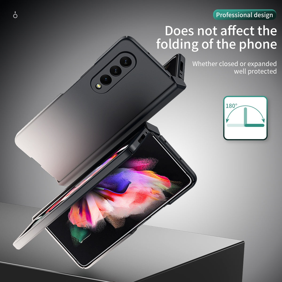 For Samsung Galaxy Z Fold3 5G Hard PC All-Inclusive Shockproof Case Gradient Color Folding Hinged Cover with Tempered Glass Screen Protector