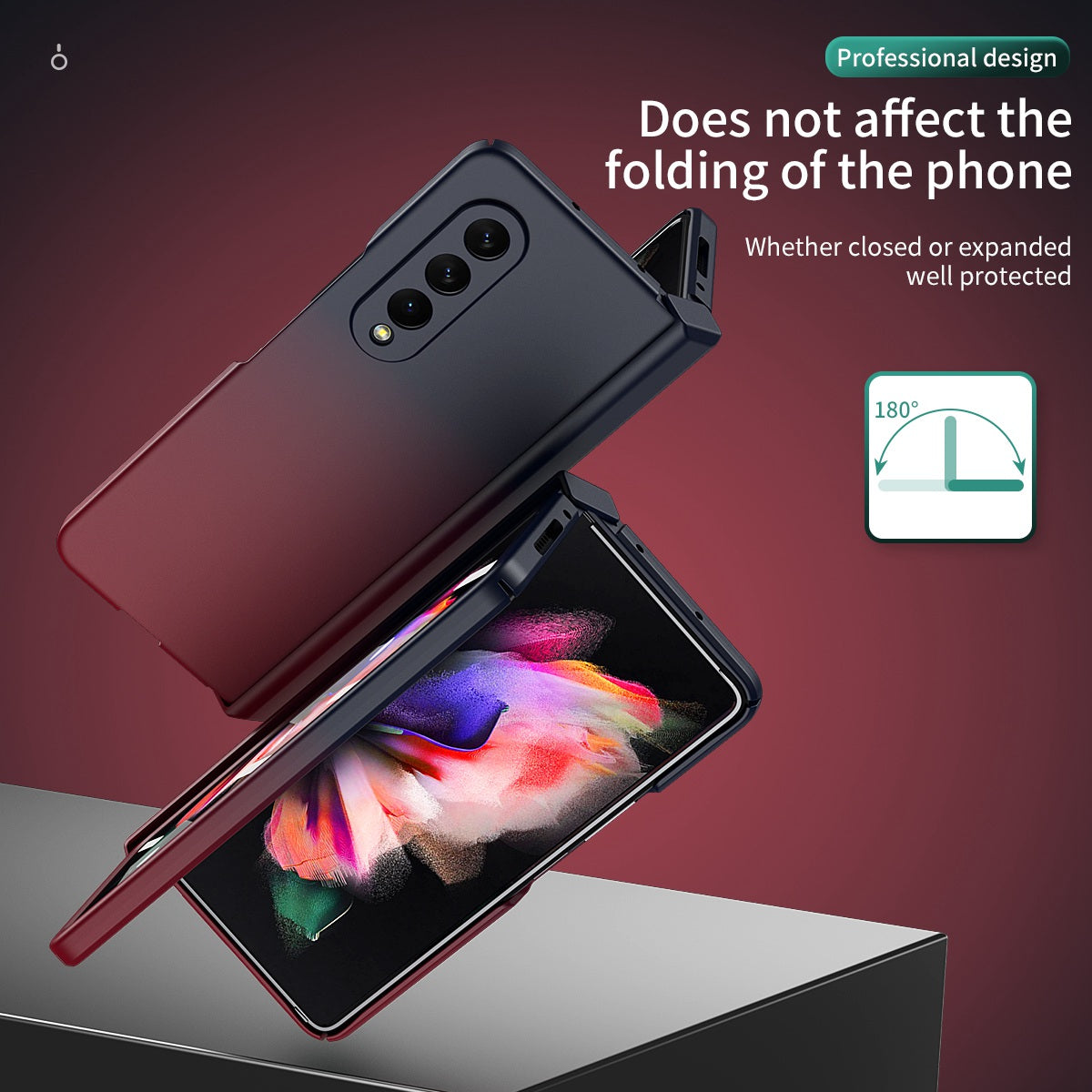 For Samsung Galaxy Z Fold3 5G Hard PC All-Inclusive Shockproof Case Gradient Color Folding Hinged Cover with Tempered Glass Screen Protector