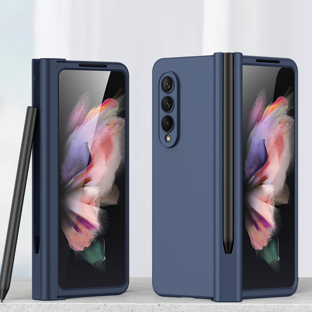 For Samsung Galaxy Z Fold3 5G Rubberized Surface Pen Slot Design Hard PC Phone Case Cover with Glass Screen Protector