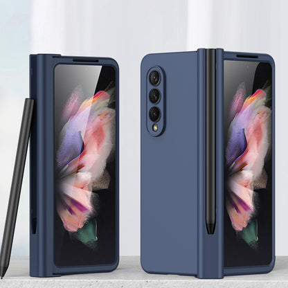 For Samsung Galaxy Z Fold3 5G Rubberized Surface Pen Slot Design Hard PC Phone Case Cover with Glass Screen Protector