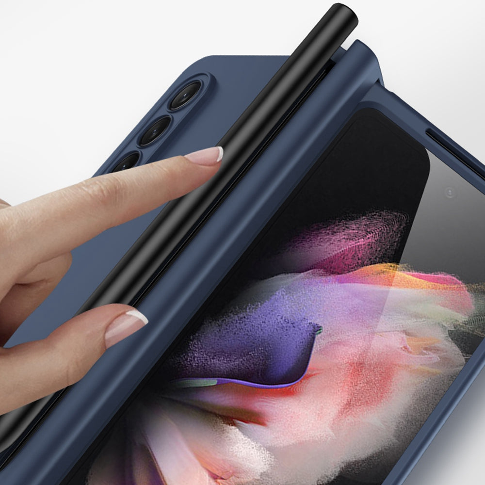 For Samsung Galaxy Z Fold3 5G Rubberized Surface Pen Slot Design Hard PC Phone Case Cover with Glass Screen Protector