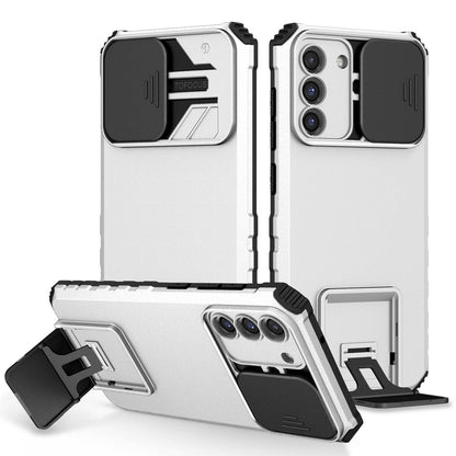 For Samsung Galaxy S22+ 5G Adjustable Vertical Kickstand Phone Case PC + TPU Hybrid Cover with Camera Slide Cover