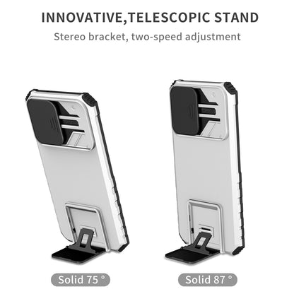 For Samsung Galaxy S22+ 5G Adjustable Vertical Kickstand Phone Case PC + TPU Hybrid Cover with Camera Slide Cover