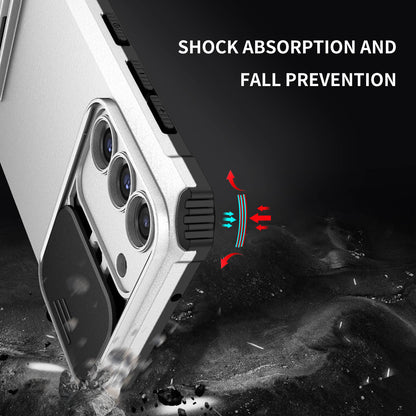 For Samsung Galaxy S22+ 5G Adjustable Vertical Kickstand Phone Case PC + TPU Hybrid Cover with Camera Slide Cover