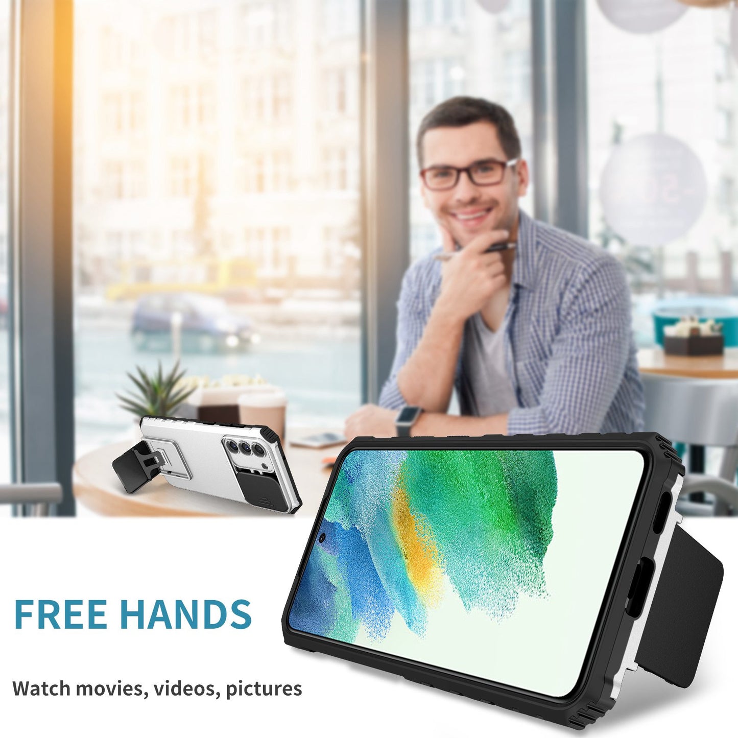 For Samsung Galaxy S22+ 5G Adjustable Vertical Kickstand Phone Case PC + TPU Hybrid Cover with Camera Slide Cover