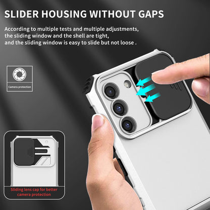 For Samsung Galaxy S22+ 5G Adjustable Vertical Kickstand Phone Case PC + TPU Hybrid Cover with Camera Slide Cover