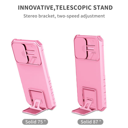 For Samsung Galaxy S22+ 5G Adjustable Vertical Kickstand Phone Case PC + TPU Hybrid Cover with Camera Slide Cover